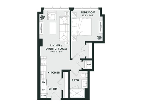 A black and white image of a floor plan for a small apartment.